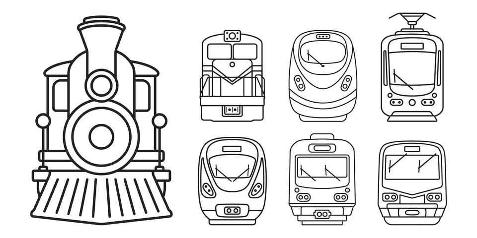 Modern speed train icon set collection in stroke outline style. Railroad tr.. Stock Illustration