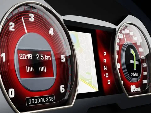 Modern speedometer of a car with navigation screen. 3D illustration Modern... Stock-Fotos