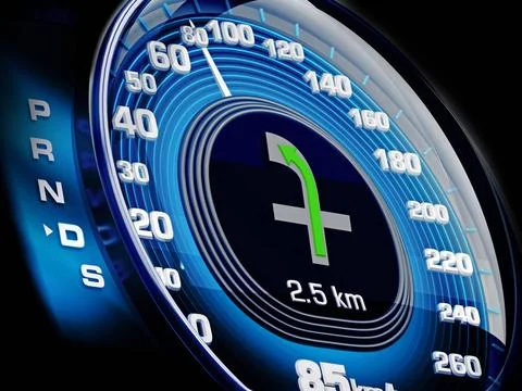 Modern speedometer of a car with navigation screen. 3D illustration Modern... Stock-Fotos