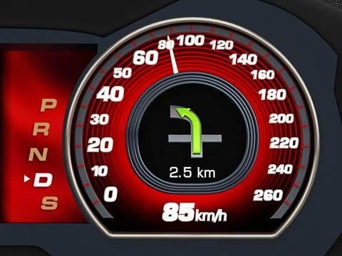 Modern speedometer of a car with navigation screen. 3D illustration Modern... Stock-Fotos