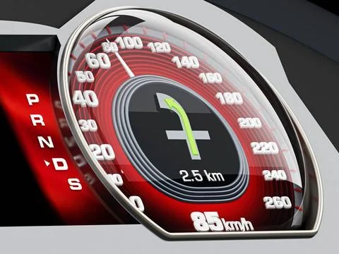 Modern speedometer of a car with navigation screen. 3D illustration Modern... Stock-Fotos