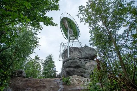 Modern Spicka observation tower with large circular mirror structure standi.. Stock Photos