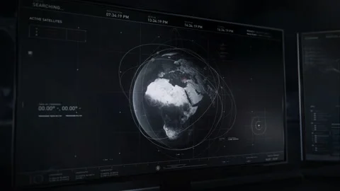 Modern Spying software locating the satellite signal on the map of the earth Stock Footage 198883554