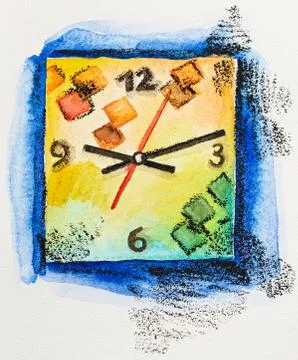 Modern square clock time concept, watercolor with slate-pencil painting Stock Illustration