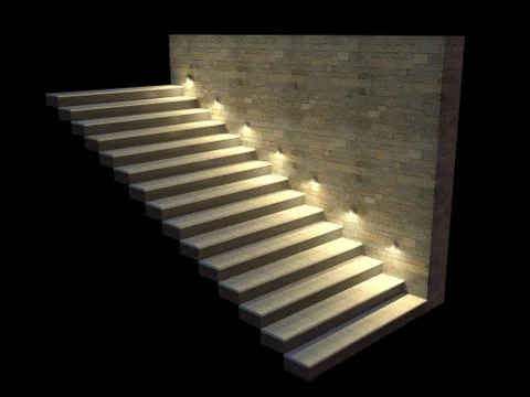Modern staircase with backlit steps. Soft night lighting. 3d illustration Illustrazione stock