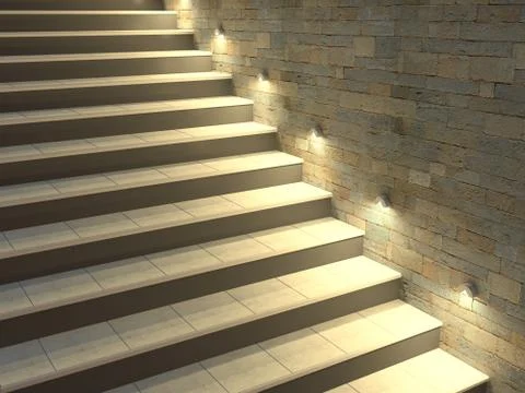 Modern staircase with backlit steps. Soft night lighting. 3d illustration Illustrazione stock