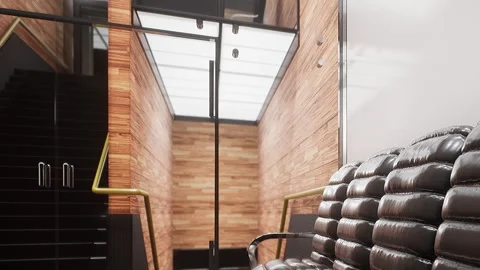 Modern staircase design with glass ceiling and wooden walls in a building Stock Footage 345007199