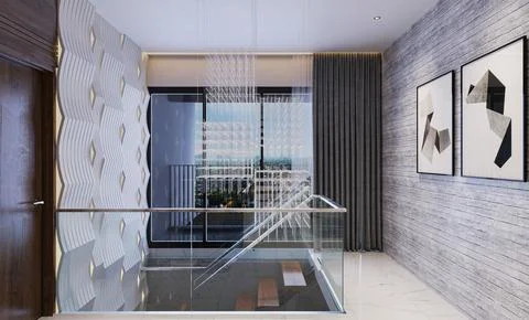 Modern Stairs with different artwork and wall design fashionable Stock-Illustration