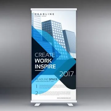 Modern standee roll up template design with blue grometric shapes Stock Illustration