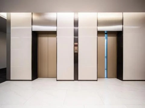 Modern steel elevator cabins in a business lobby or Hotel, Store, interior, o Stock Photos