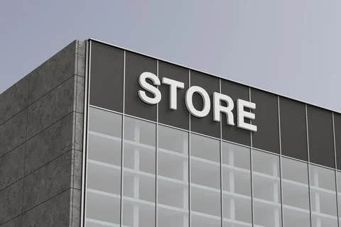 Modern Store Building Facade with a Gray Concrete Wall, Large Window Sectio.. Ilustración de archivo