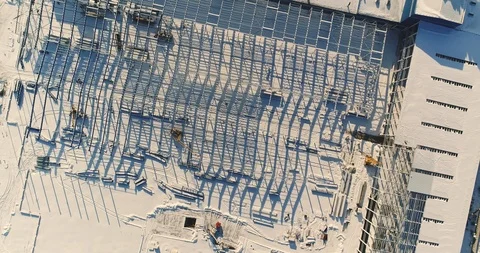 Modern storehouse construction site, the structural steel structure of a new Stock Footage 87494772