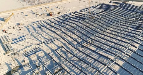 Modern storehouse construction site, the structural steel structure of a new Stock Footage 87596881