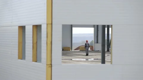 Modern storehouse construction site, structural steel structure of new Video stock 130380898