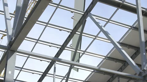 Modern storehouse construction site, structural steel structure of new Vídeo Stock 130381373