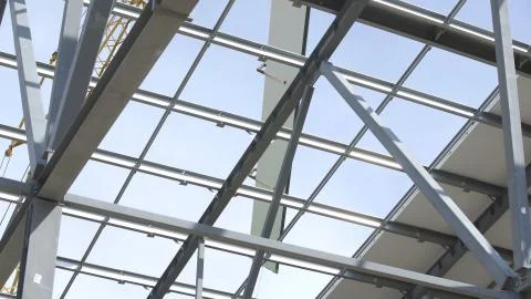 Modern storehouse construction site, structural steel structure of new Stock Photos