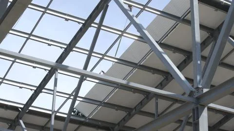 Modern storehouse construction site, structural steel structure of new Stock Photos