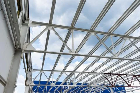 Modern storehouse construction site, structural steel structure of new commer Stock Photos