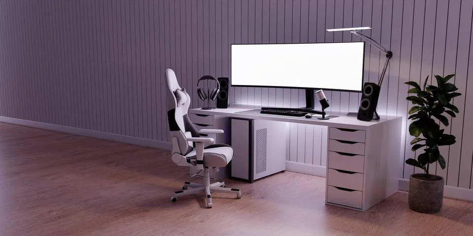 Modern streaming room with ergonomic setup and bright accents. 3D render Stock Illustration