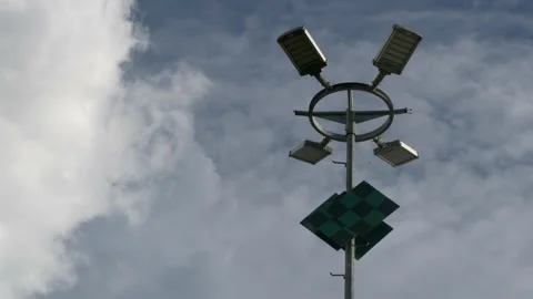 Modern street LED lighting pole on the riverside, medium shot Stock Footage 137882926