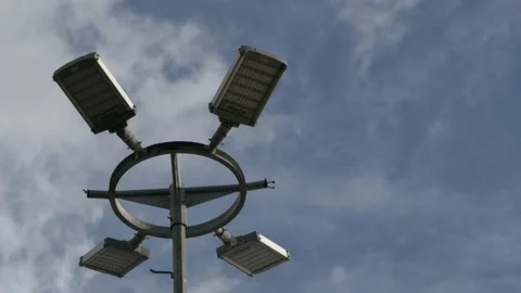 Modern street LED lighting pole on the riverside, closeup view Stock Footage 137883003
