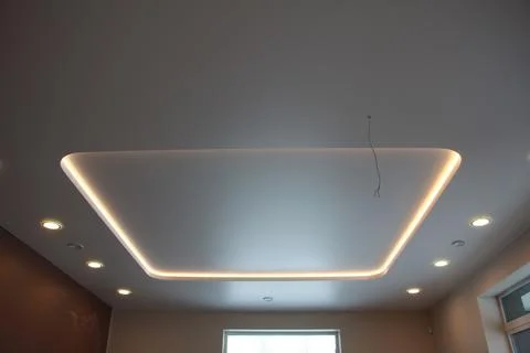 Modern Stretch Ceiling with Round Recessed LED Lights Stock Photos
