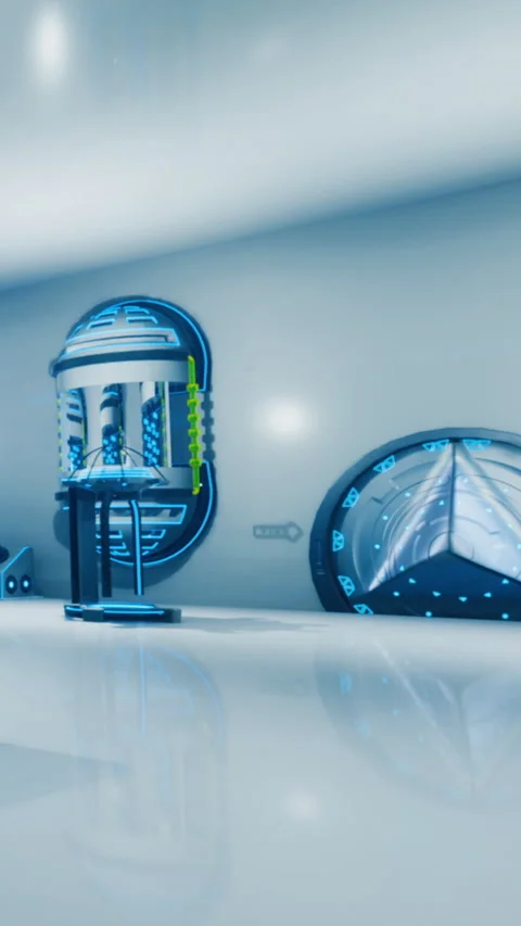 Modern structure with blue lighting and futuristic design in a bright space Stock Footage 332231073