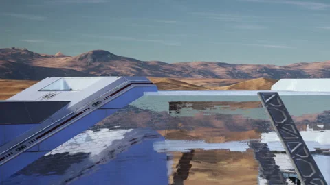 Modern structure on a distant planet with mountains in the background Stock Footage 343926323