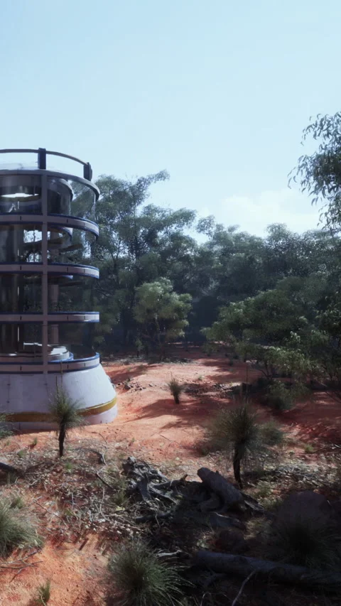 Modern structure stands in a natural setting with trees and red soil Video stock 339406138