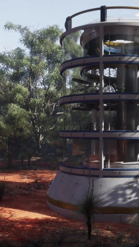 Modern structure stands in natural setting with trees and soil in daylight Video stock 340283940