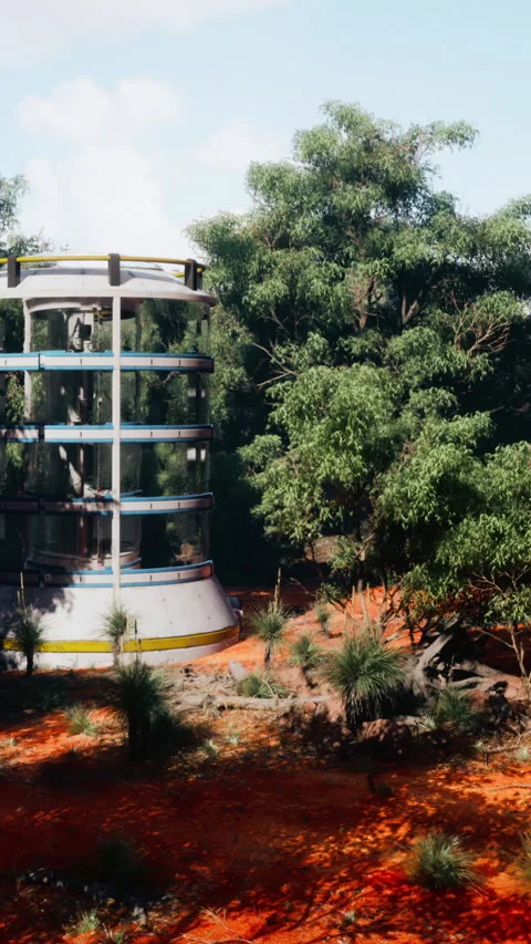 Modern structure stands in nature with green trees and red soil Video stock 340283381