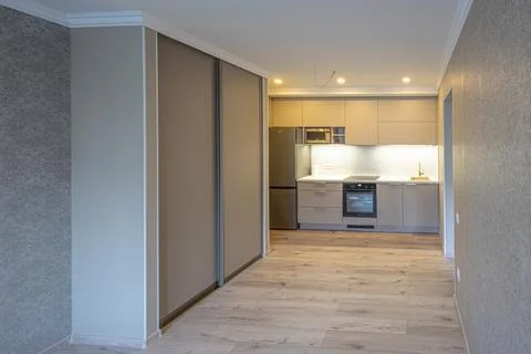 Modern studio apartment interior with kitchen and wardrobe Stockfoto's
