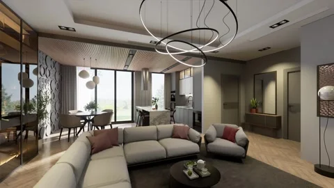 Modern studio apartment with open space living room and kitchen Stock Footage 307843490