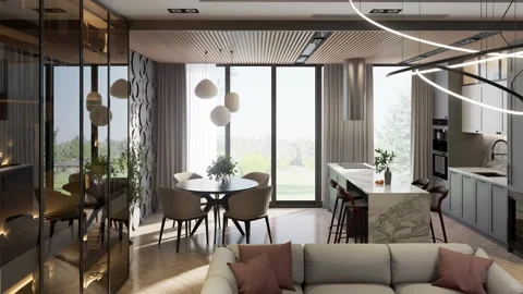 Modern studio apartment with open space living room and kitchen Stock Footage 307843844