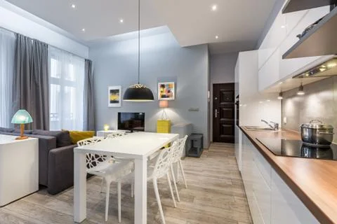 Modern studio flat with kichenette Stock Photos