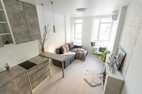 Modern studio flat with table, chairs, couch. Stock Photos