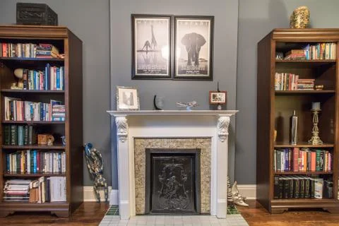 Modern study with fire place Stock Photos