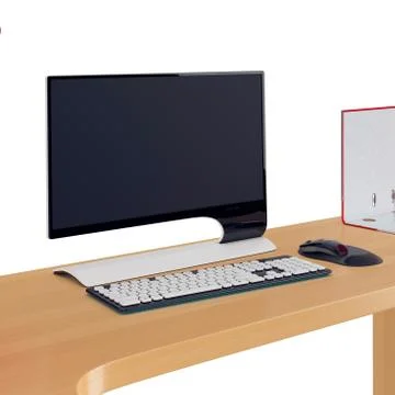 Modern style computer display, keyboard and mouse on office table of wood. 3d Stockillustratie