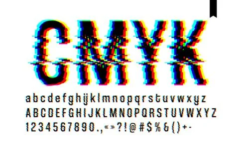 Modern style distorted glitch typeface, mixing blue pink and yellow channel s Stock Illustration