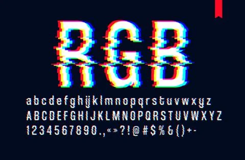 Modern style distorted glitch typeface, mixing red green and blue channel scr Stock Illustration