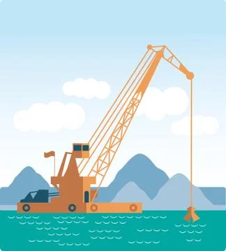 Modern style flat Huge crane barge Industrial ship that digs sand, marine Stock Illustration