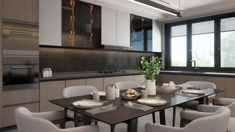 Modern style kitchen with covered dining table. 3d render Stock Footage 296490377