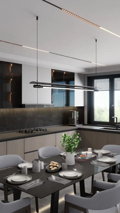 Modern style kitchen with covered dining table. 3d render Stock Footage 296490388