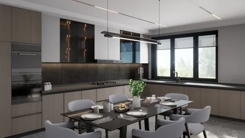 Modern style kitchen with covered dining table. 3d render Stock Footage 296490390
