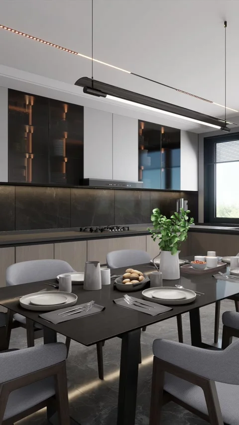 Modern style kitchen with covered dining table. 3d render Stock Footage 296490433