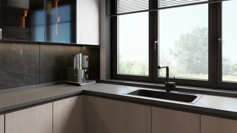 Modern style kitchen with covered dining table. 3d render Stock Footage 296490467