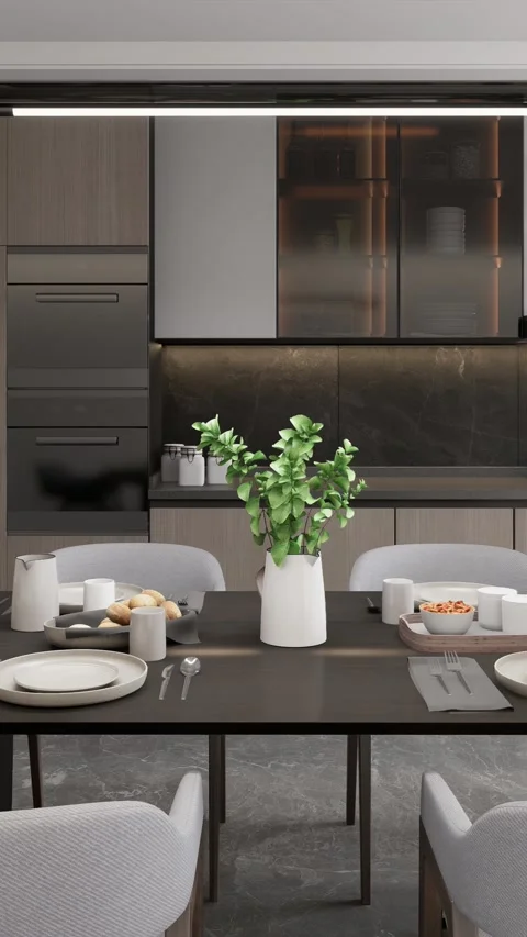 Modern style kitchen with covered dining table. 3d render Stock Footage 296490567