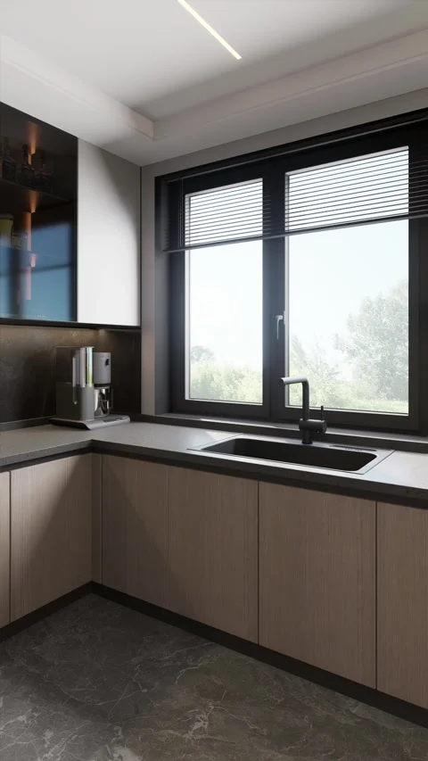 Modern style kitchen with covered dining table. 3d render Stock Footage 296490589