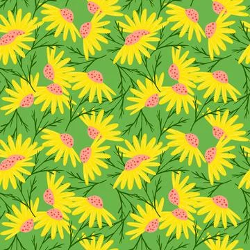 Modern style seamless pattern with random yellow daisy flower elements. Green Stock Illustration