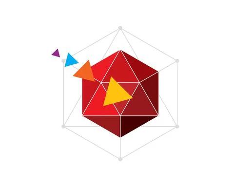 Modern style triangular facet red hexagon with transforming colorful triangle fl Stock Illustration